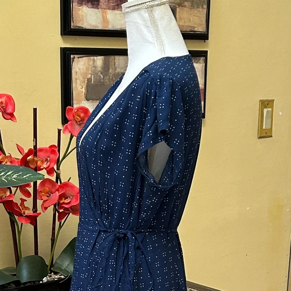 Gap Women’s Navy Blue Dot Print Short Sleeve Full Maxi Wrap Dress Tie Waist Med - Picture 8 of 16